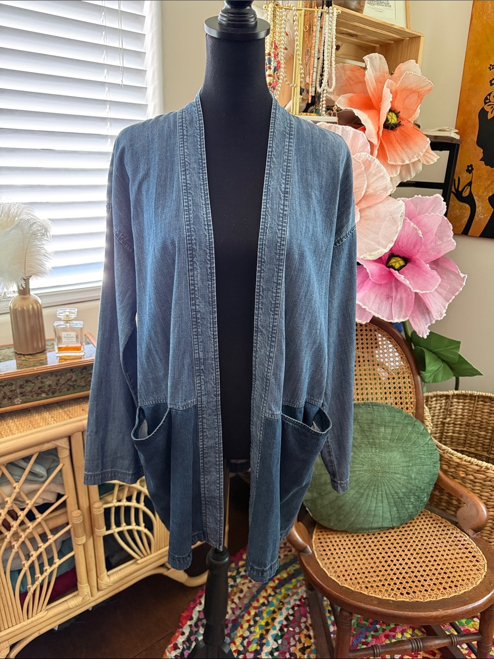 Eileen Fisher Blue Chambray Denim Two-Tone Boho Slouchy Duster Cardigan Jacket